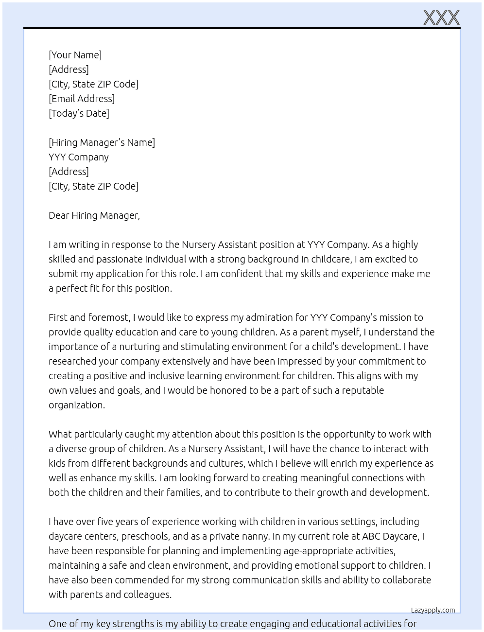 Nursery Assistant At YYY Cover Letter