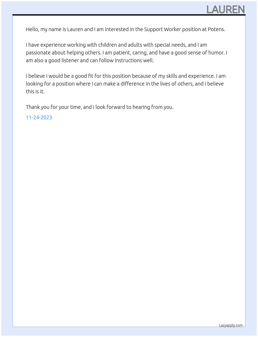 Support Worker At Potens Cover Letter