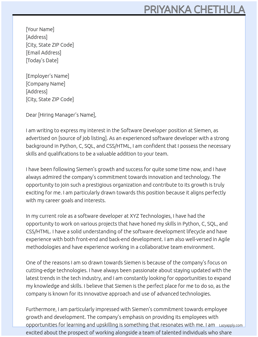 Software Developer At Siemen Cover Letter
