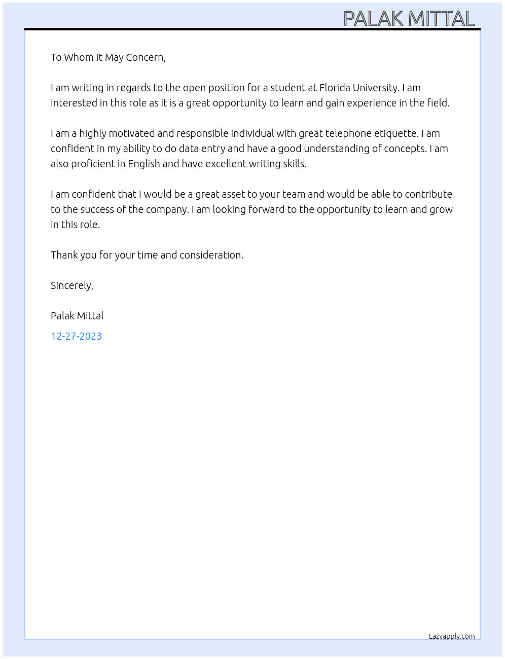 As a student  At Florida university  Cover Letter