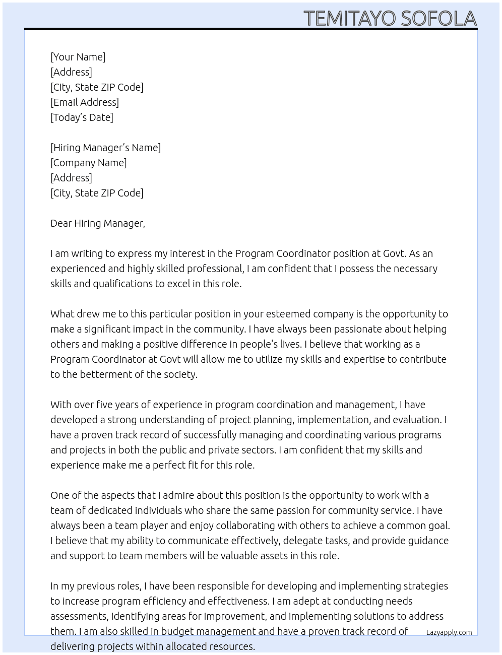 Program Coordinator At Govt  Cover Letter