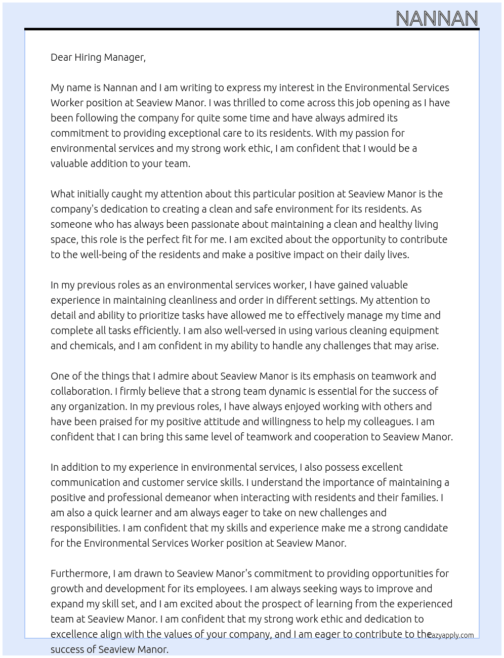 Environmental Services Worker At Seaview Manor Cover Letter