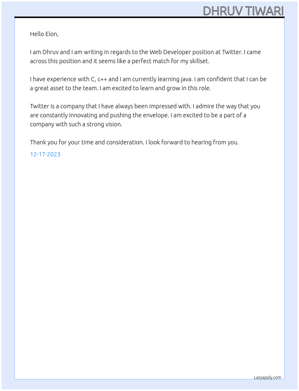 Web developer  At Twitter Cover Letter