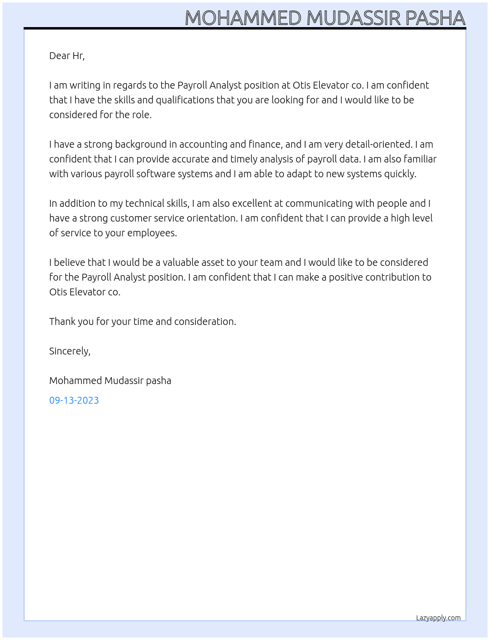 Payroll Analyst  At Otis Elevator co Cover Letter