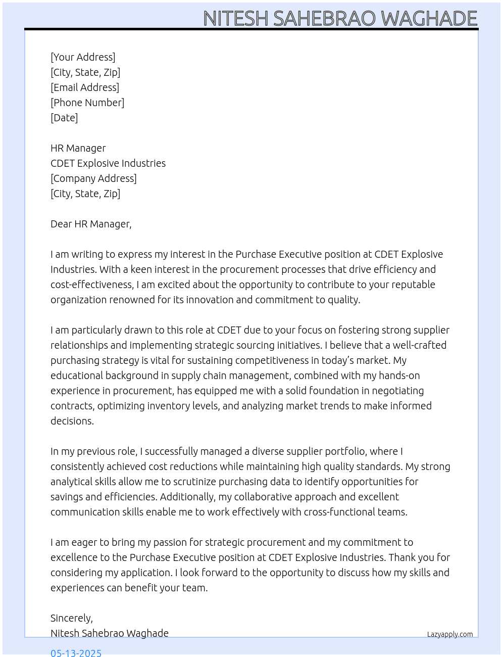 Purchase executive  At CDET explosive industries  Cover Letter