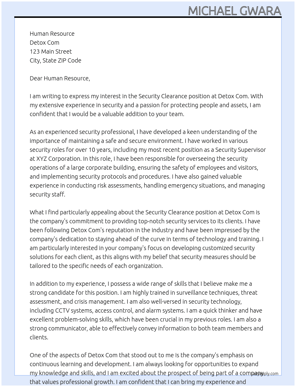   SECURITY CLEARANCE  At Detox Com Cover Letter