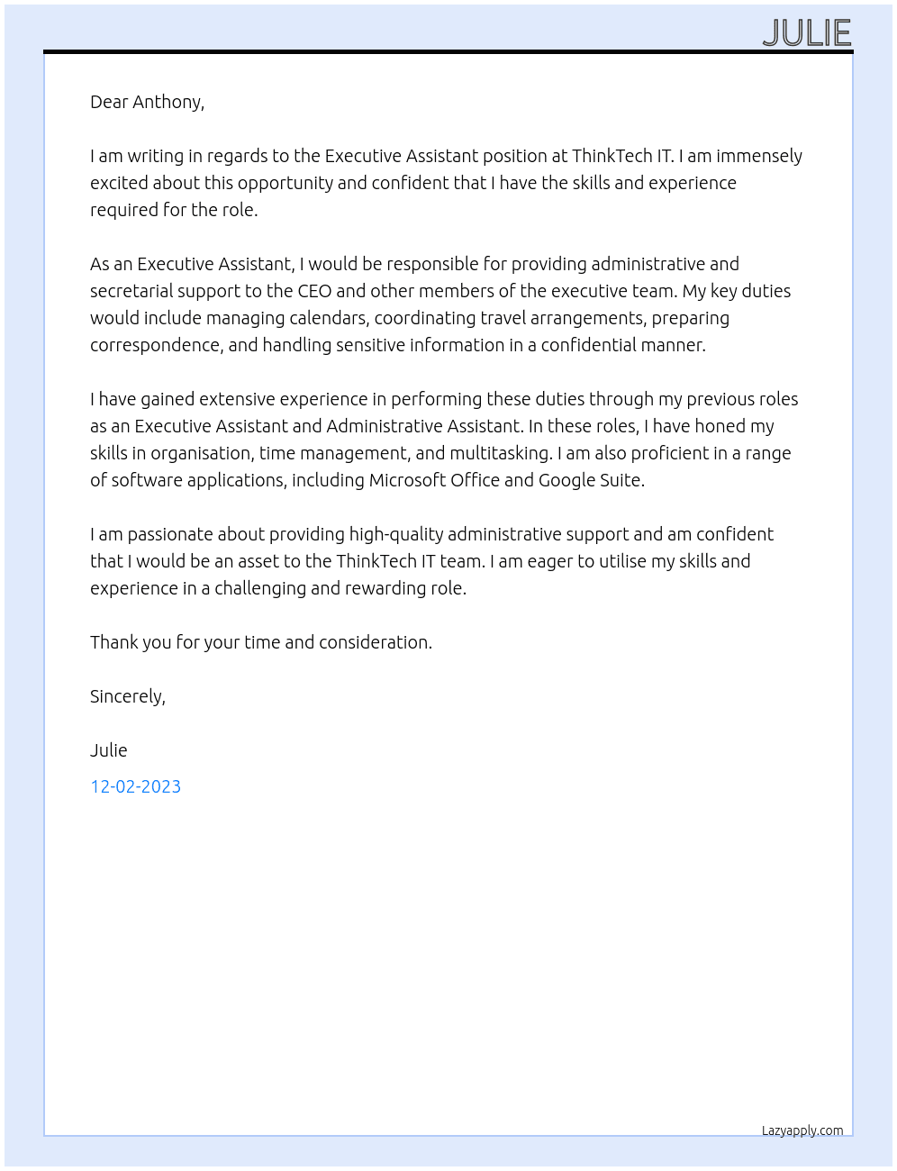 Executive Assistant At ThinkTech IT Cover Letter