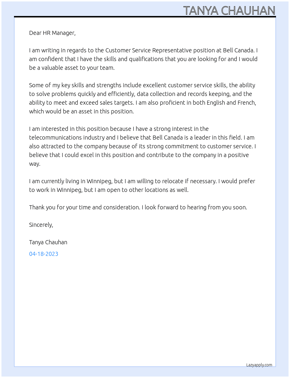 Customer service representative  At Bell Canada Cover Letter