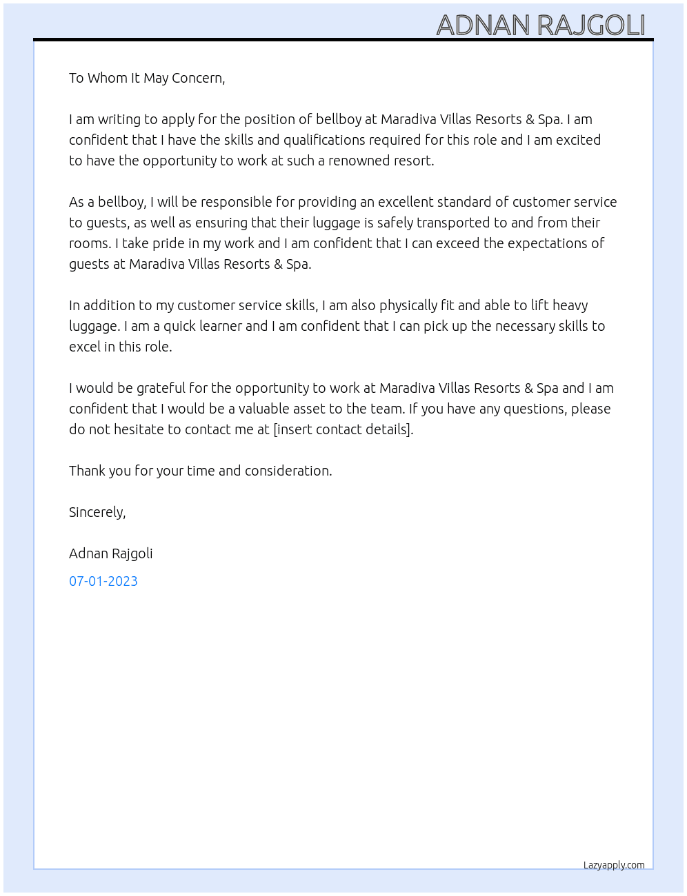 Bellboy  At Maradiva Villas Resorts & Spa Cover Letter
