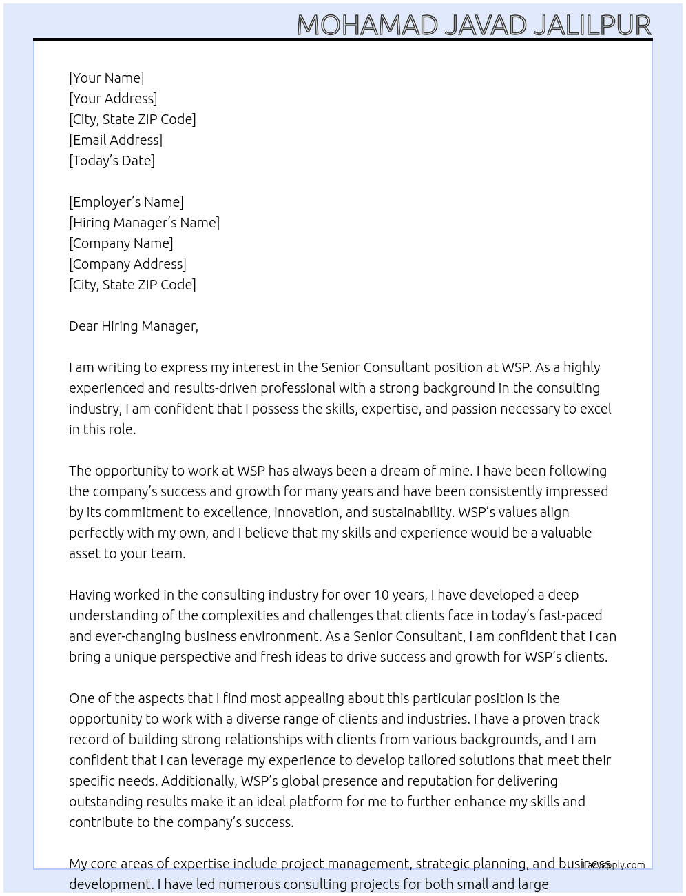 Senior Consultant At WSP Cover Letter