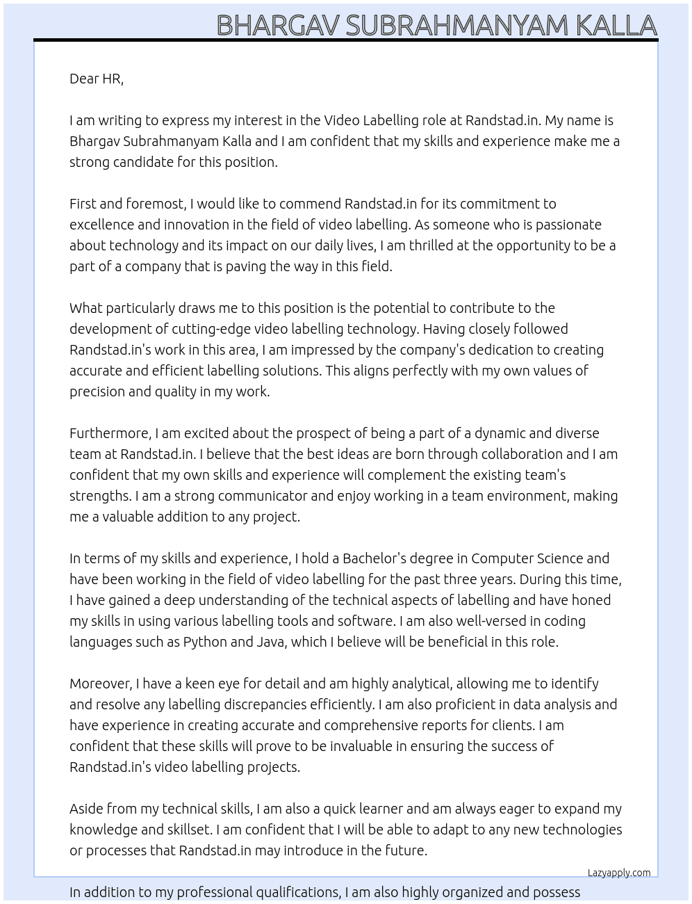 video labelling role  At randstad.in Cover Letter