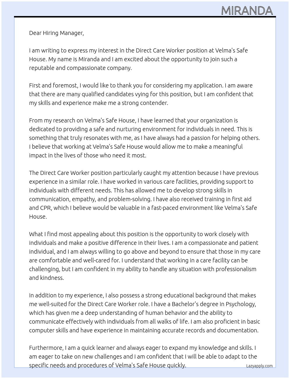 Direct Care Worker At Velma’s safe house  Cover Letter