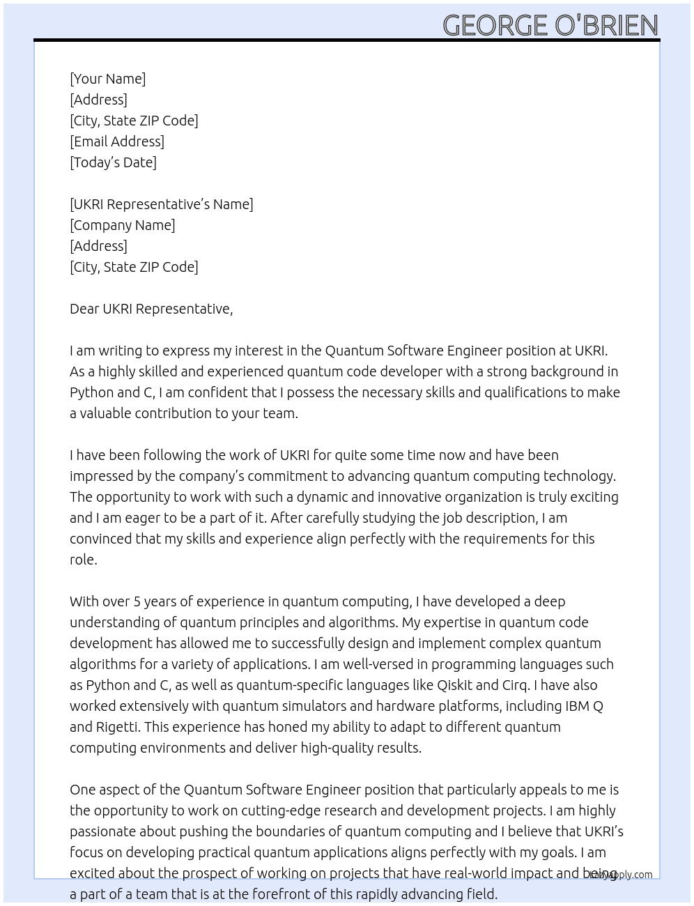 quantum software engineer At UKRI Cover Letter