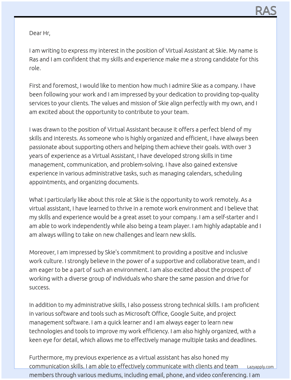 Virtual assistant At Skie Cover Letter