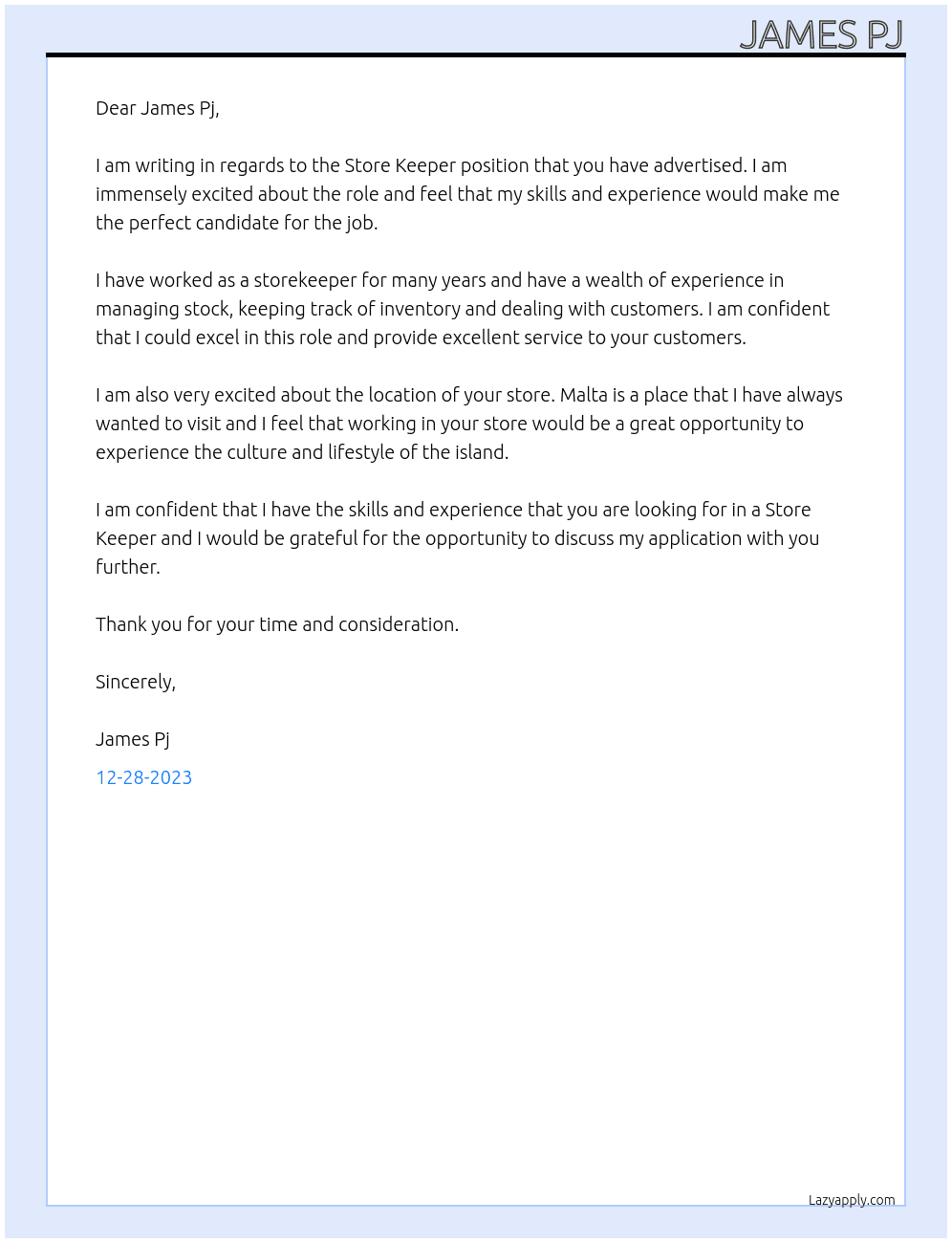 Store Keeper At James Pj Cover Letter