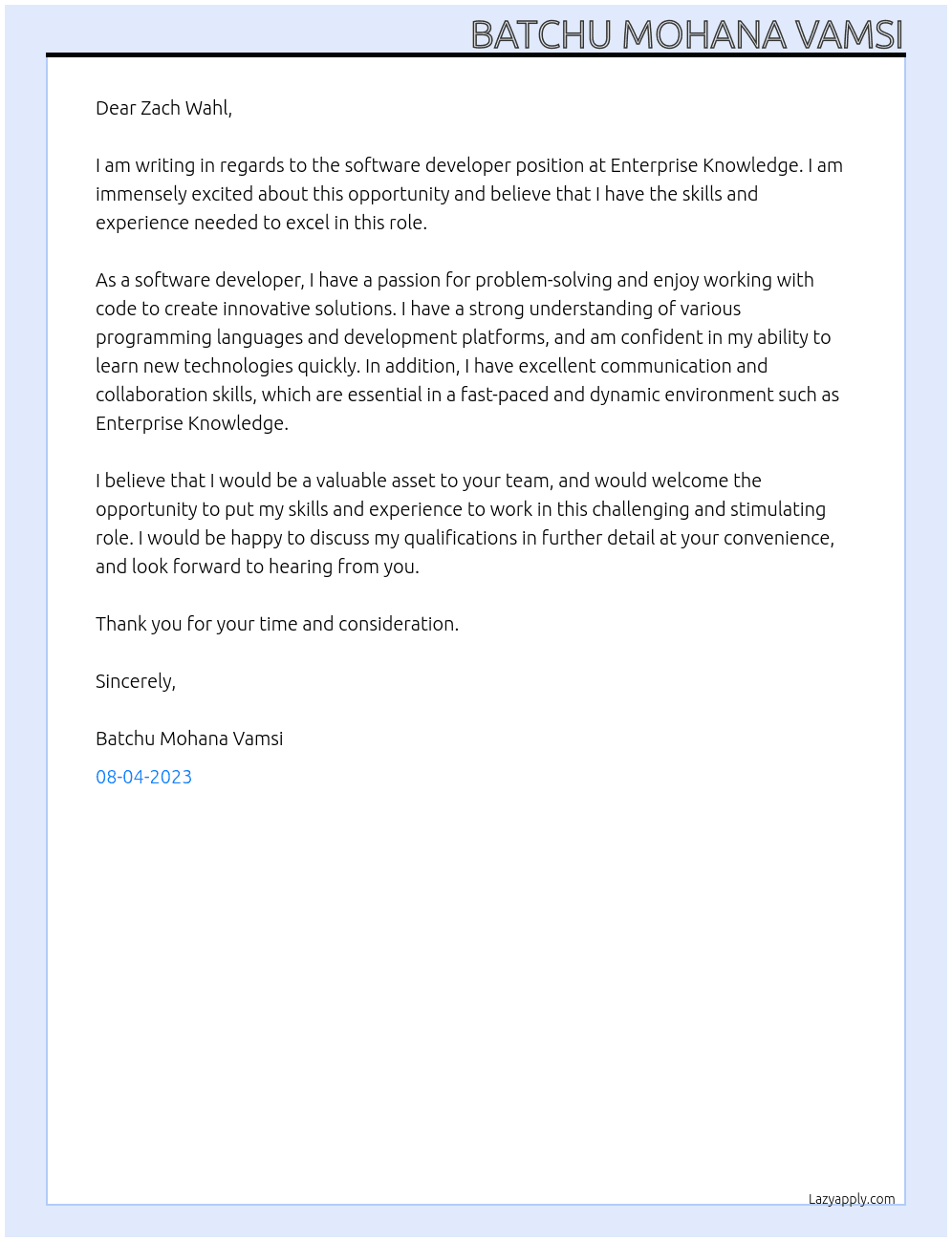 Software developer At Enterprise Knowledge Cover Letter