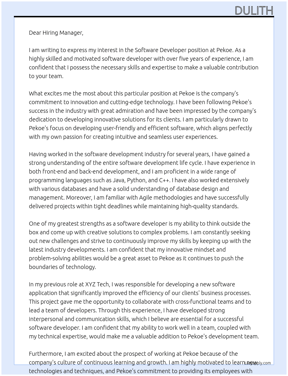software developer At Pekoe Cover Letter