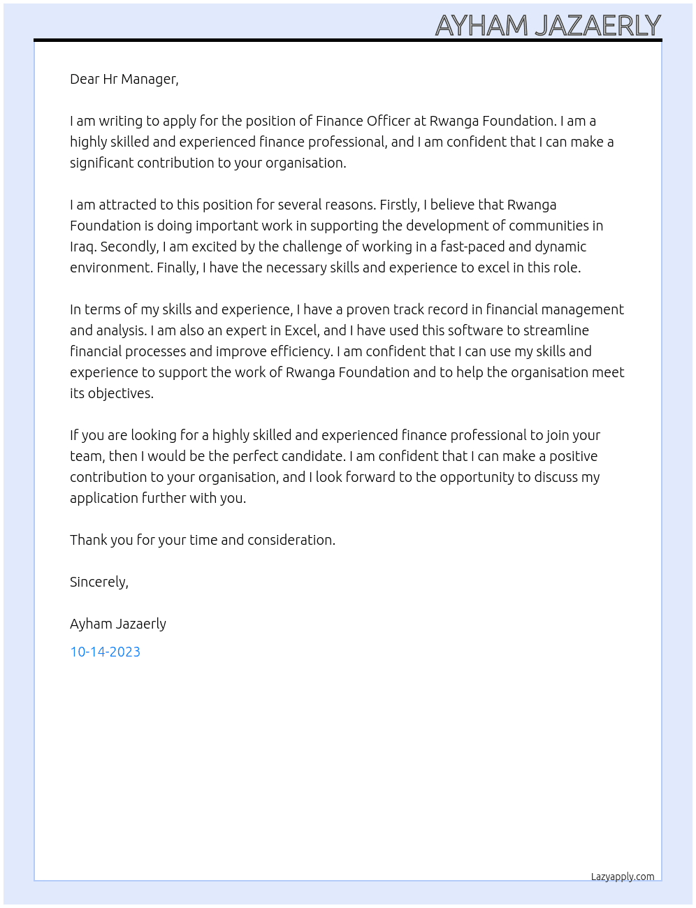 Finance Officer At Rwanga Foundation Cover Letter