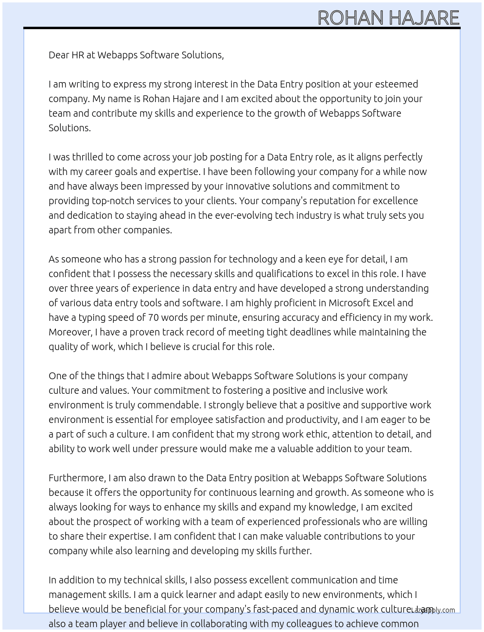 data entry At webapps software solutions Cover Letter