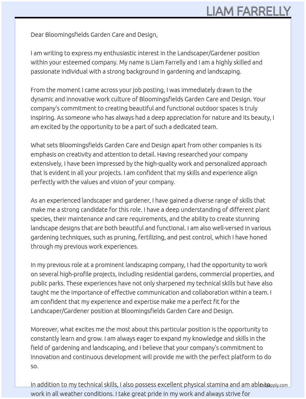 Landscaper/Gardner At Bloomingsfields Garden Care and Design Cover Letter