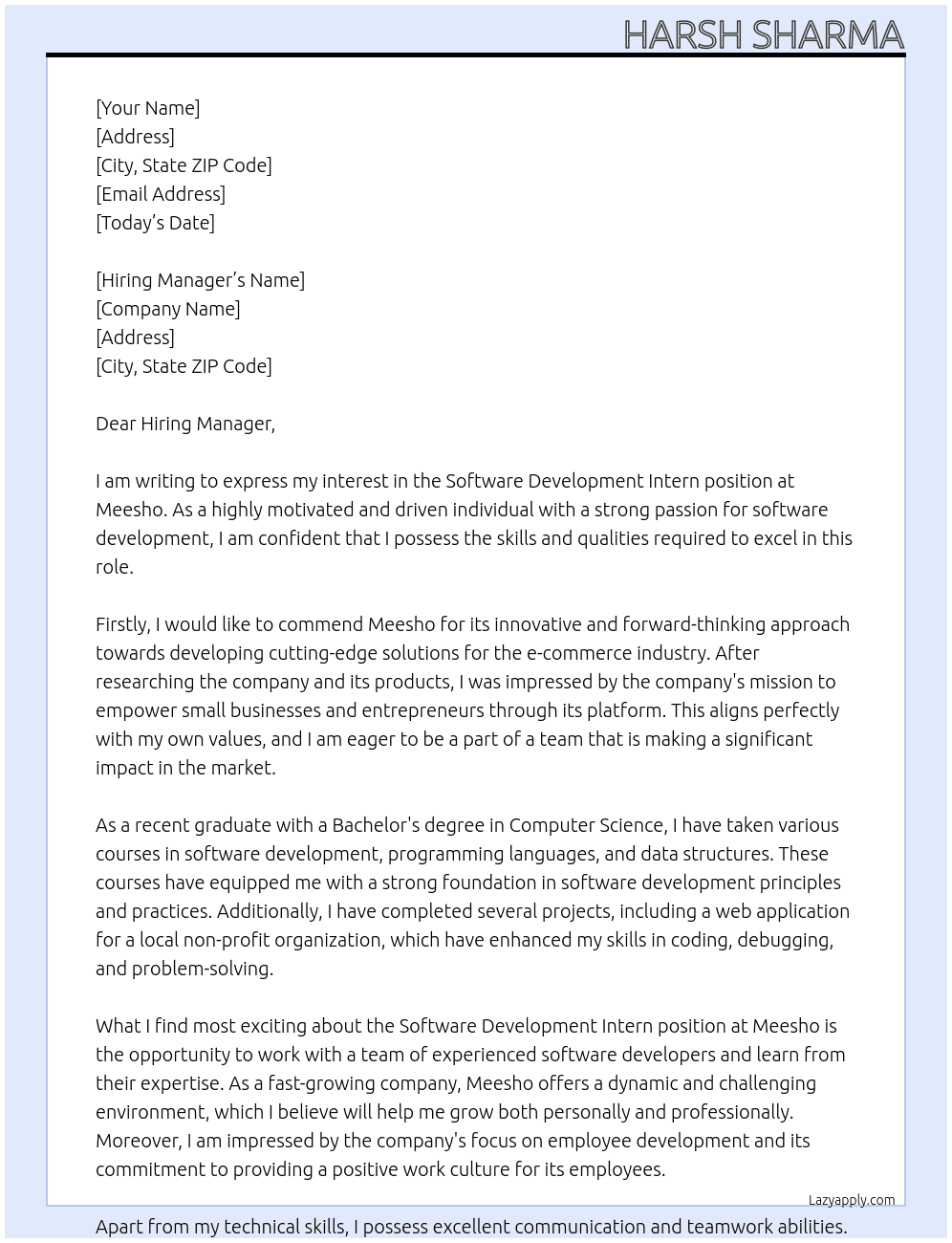 Software Development - Intern At Meesho Cover Letter