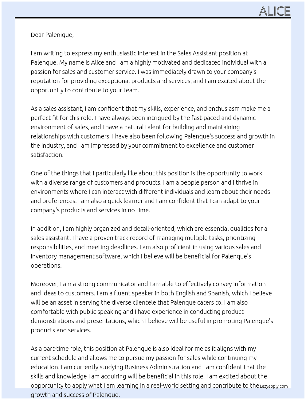 Sales Assistant  At Palenque Cover Letter