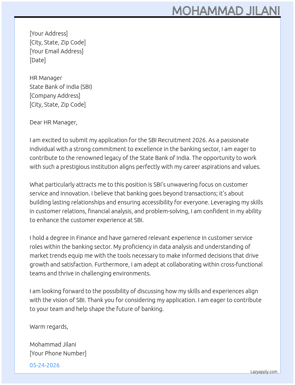 Cover letter for sbi recruitment 2026 - LazyApply