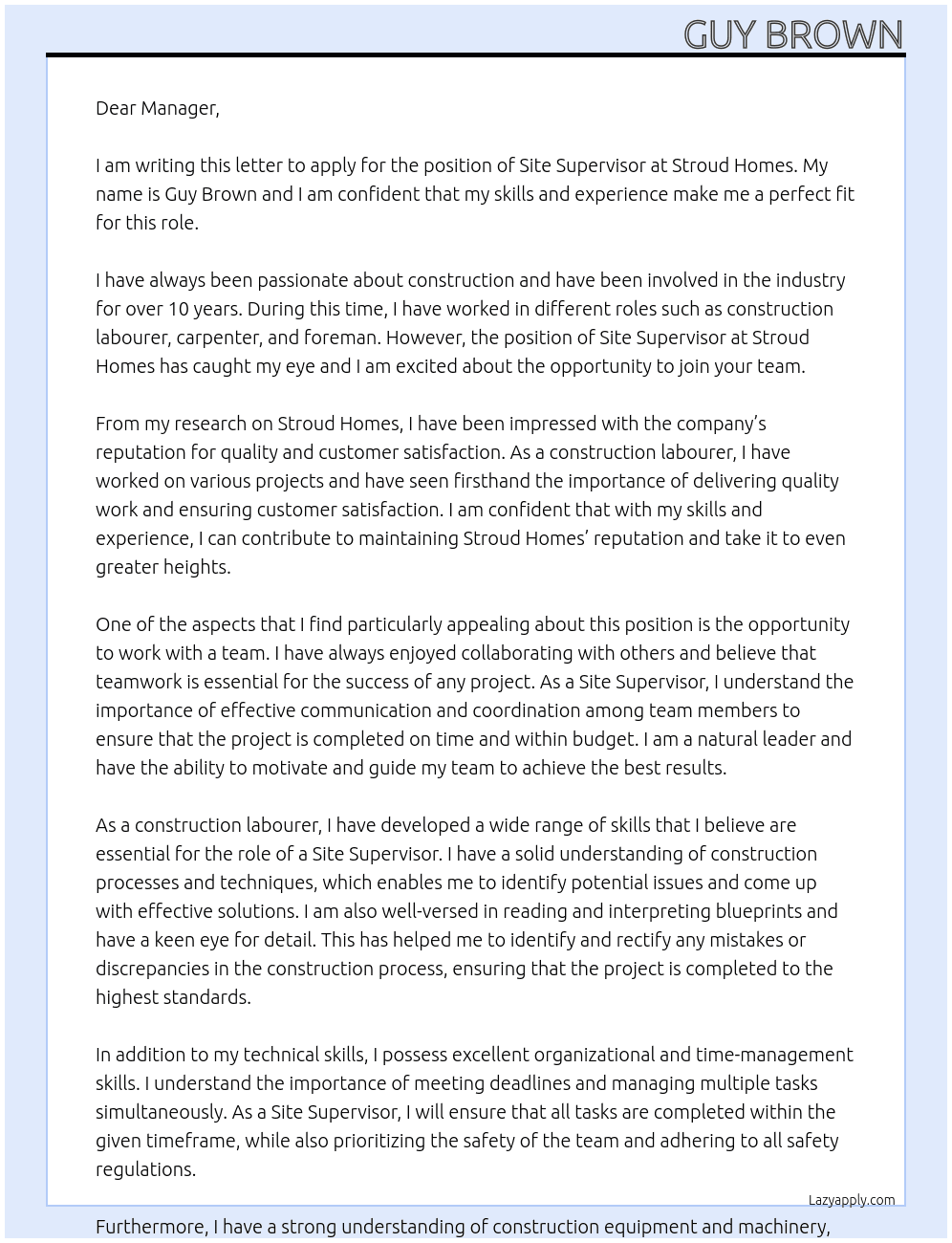 Site supervisor At Stroud Homes Cover Letter