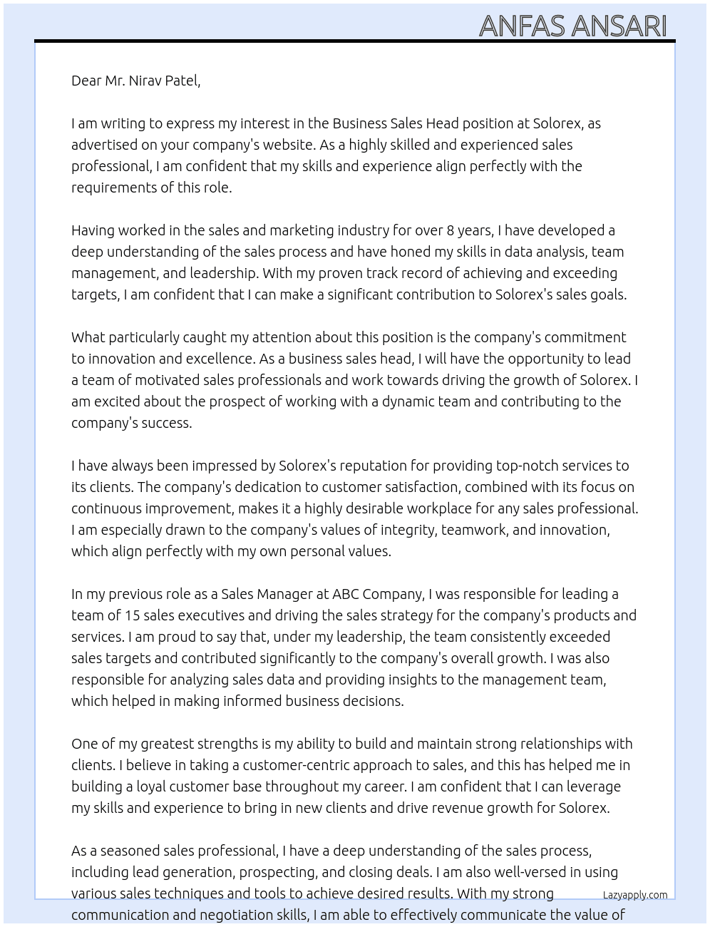 Business sales head At SOLOREX Cover Letter