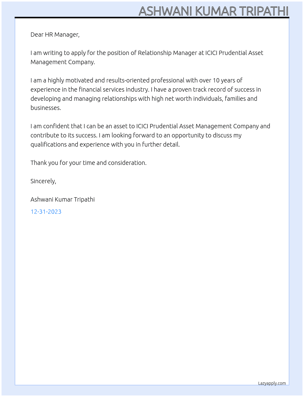 Relationship Manager  At ICICI PRUDENTIAL ASSET MANAGEMENT COMPANY  Cover Letter