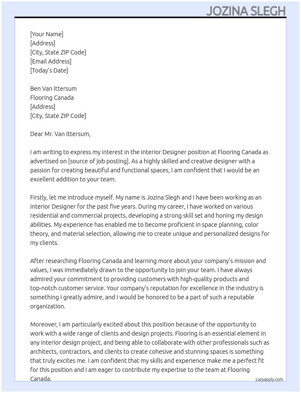 Interior designer At Flooring Canada Cover Letter