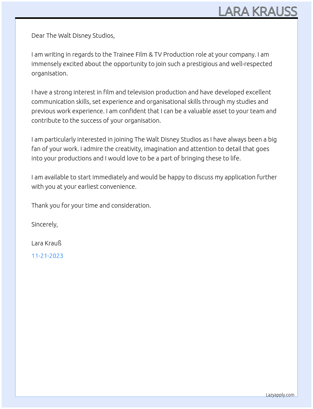 Trainee Film & TV Production At The Walt Dsiney Studios Cover Letter