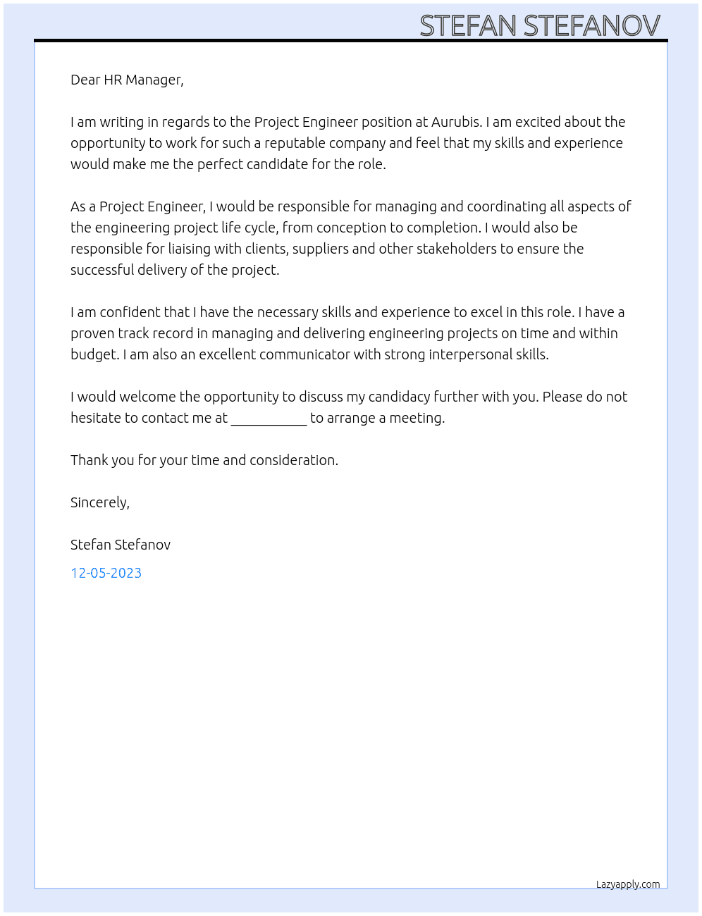 Project engineer  At Aurubis  Cover Letter