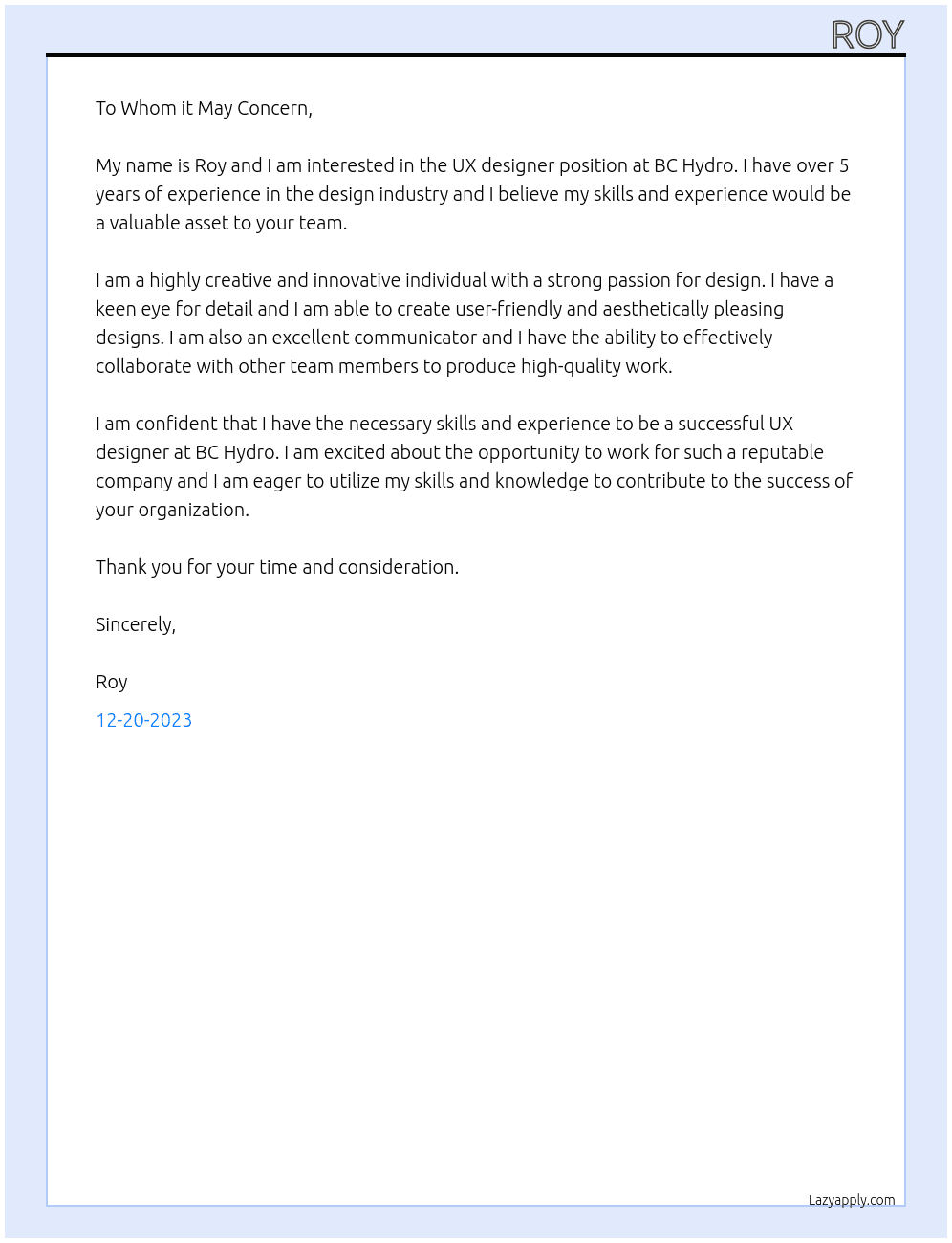 ux designer At bchydro Cover Letter
