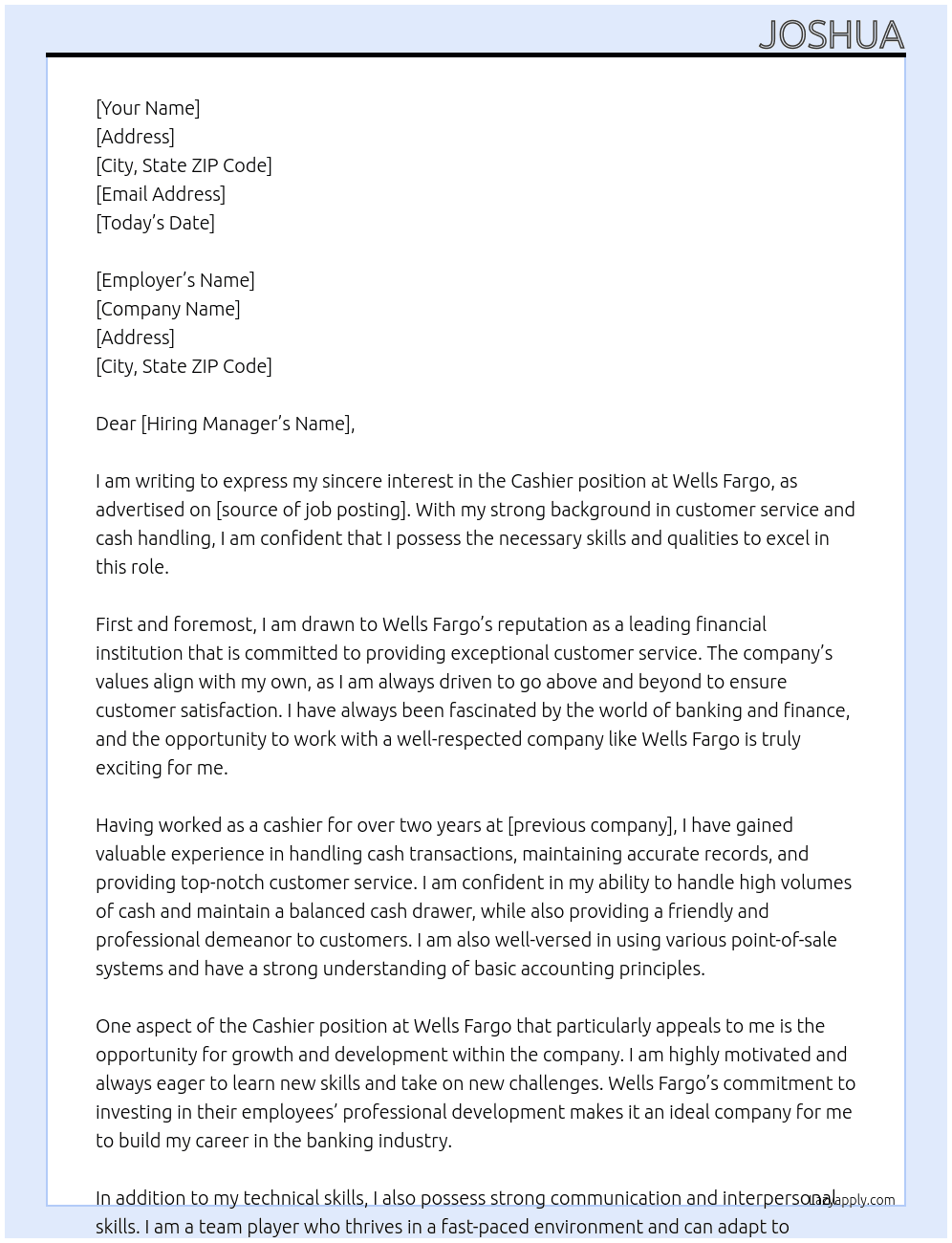 Cashier  At Wells fargo Cover Letter