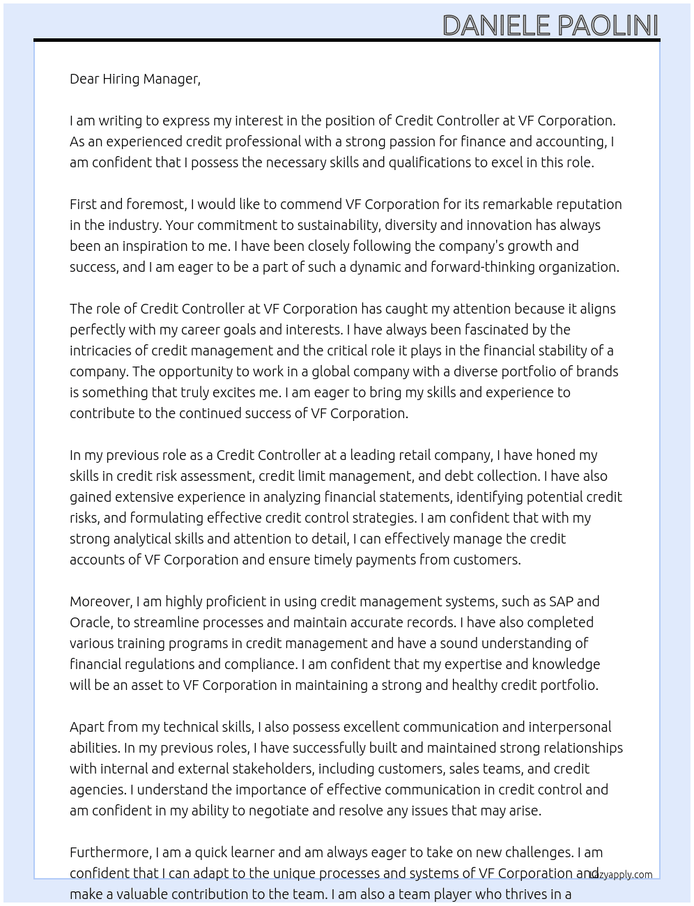 Credit controller At VF Corporation Cover Letter
