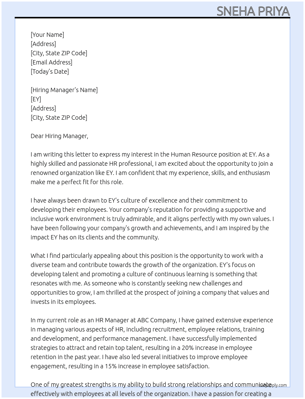 Human Resource  At EY Cover Letter