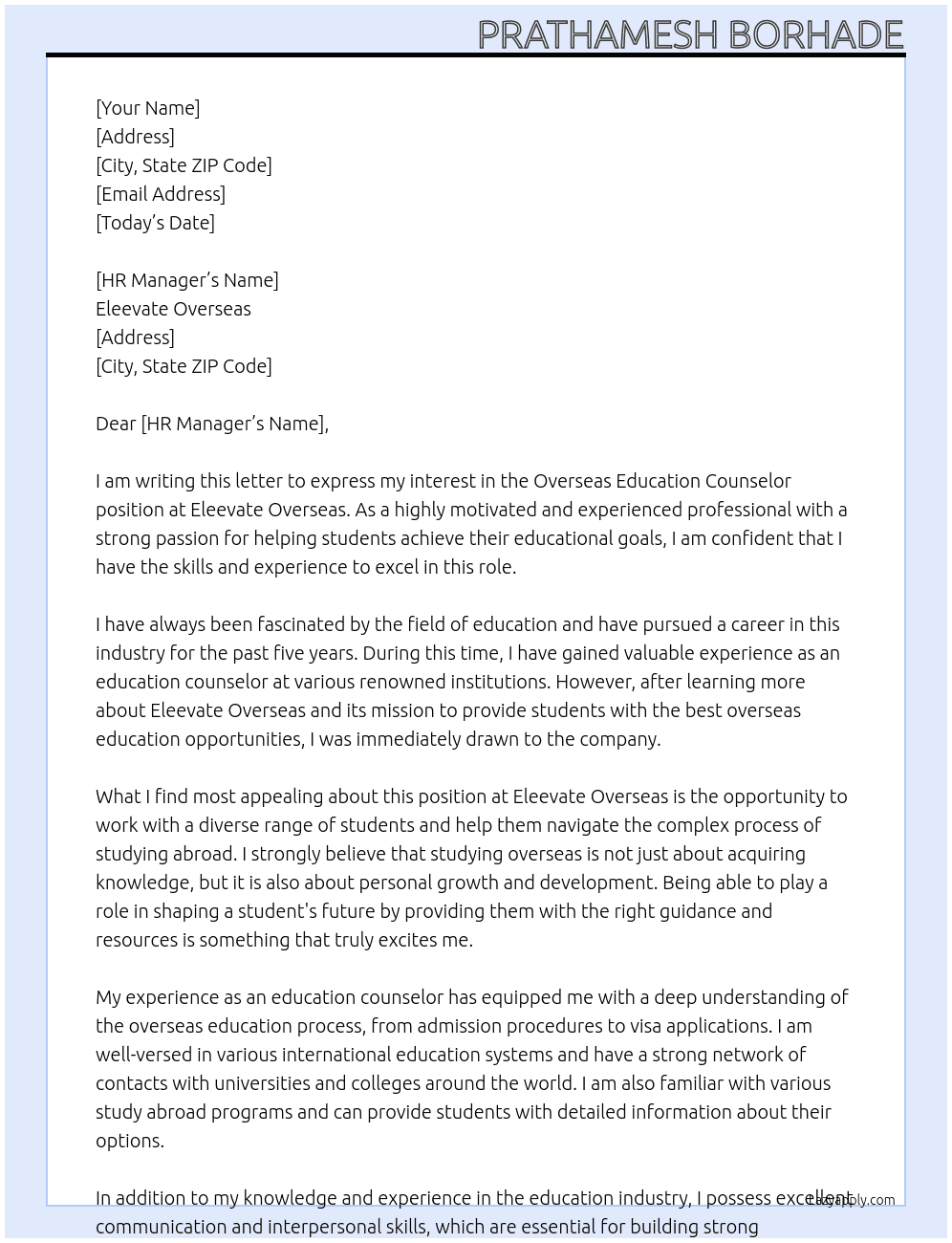 Overseas education counselor  At Eleevate overseas Cover Letter