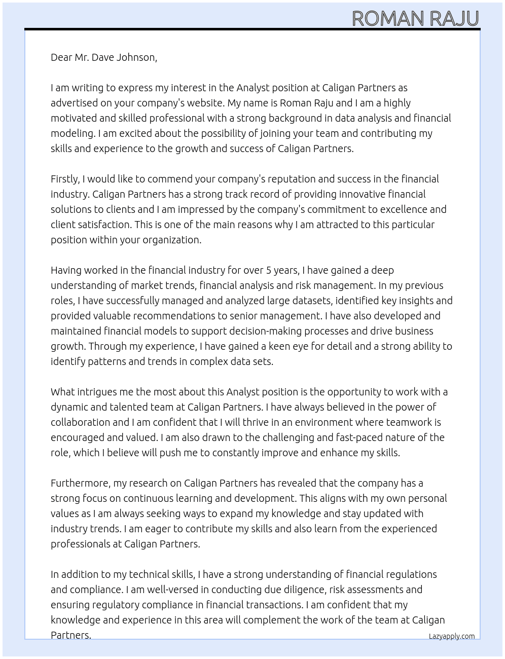 Analyst At Caligan Partners Cover Letter