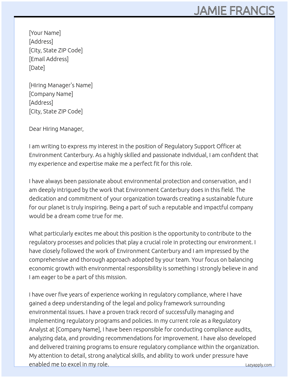 Regulatory Support Officer At Environment Canterbury Cover Letter
