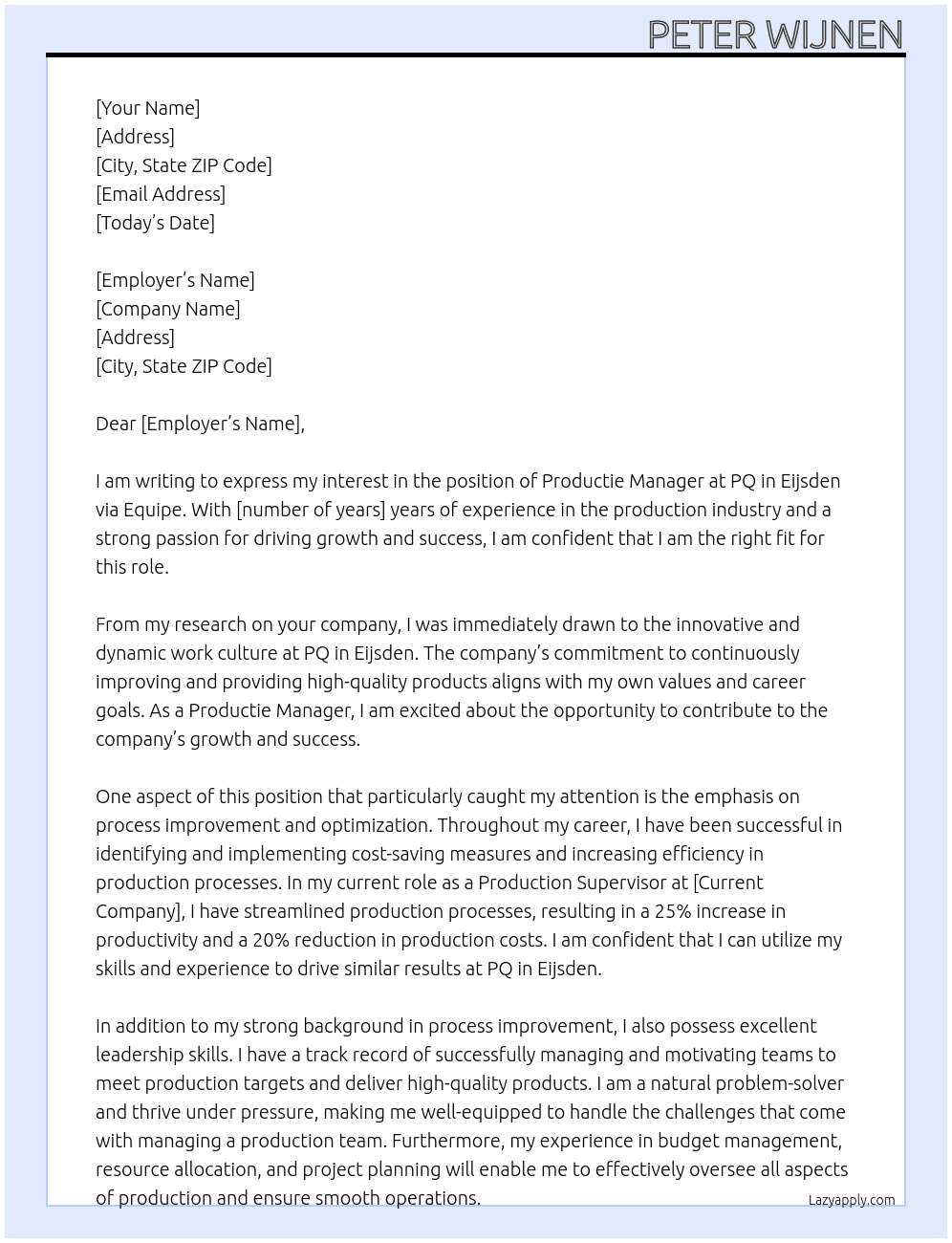 Productie Manager At PQ in Eijsden via Equipe Cover Letter