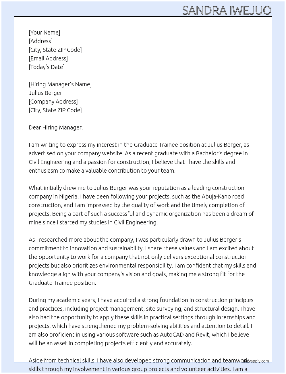 graduate trainee  At julius berger Cover Letter