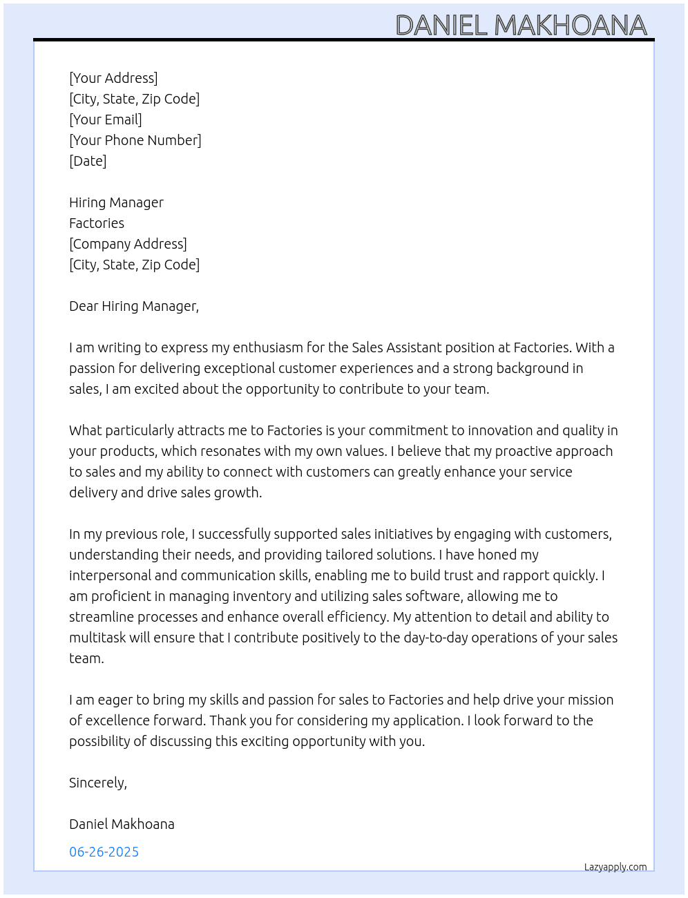 Sales Assistant  At Factories  Cover Letter