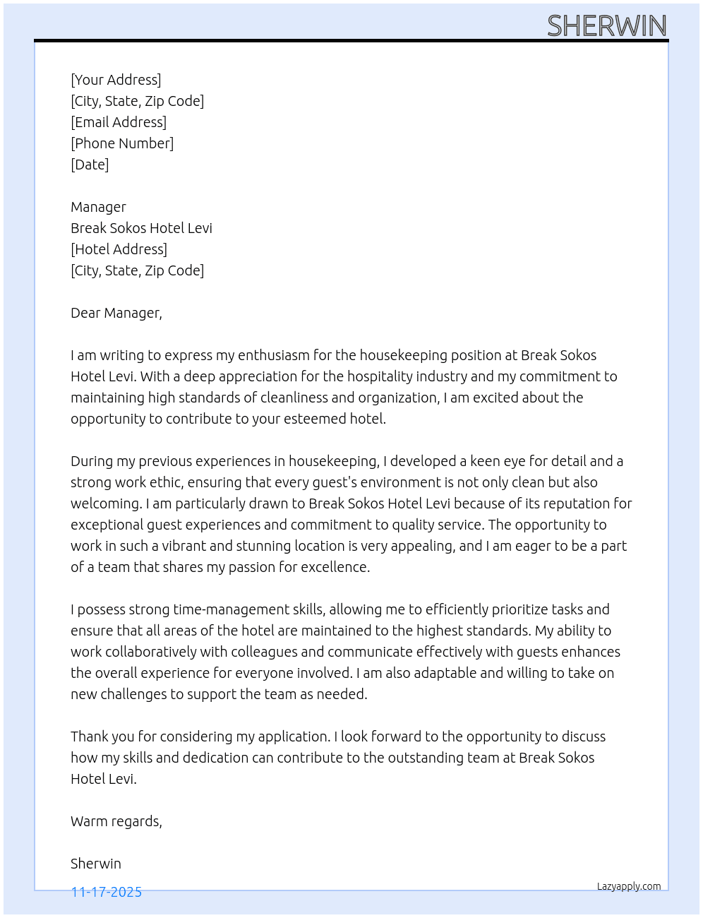 housekeeping  At Break Sokos Hotel Levi Cover Letter