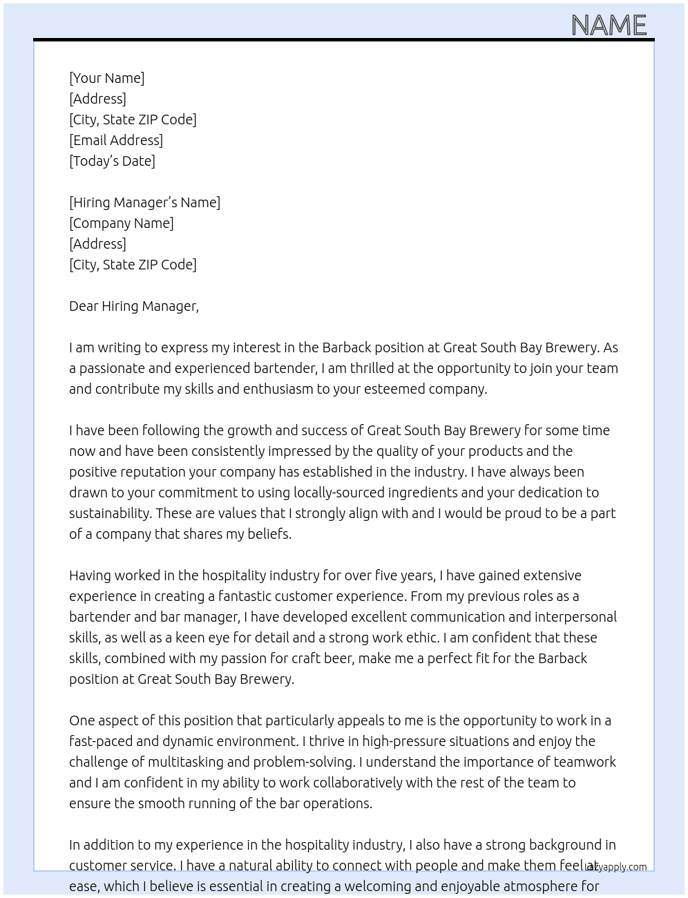 Barback  At Great South Bay Brewery Cover Letter