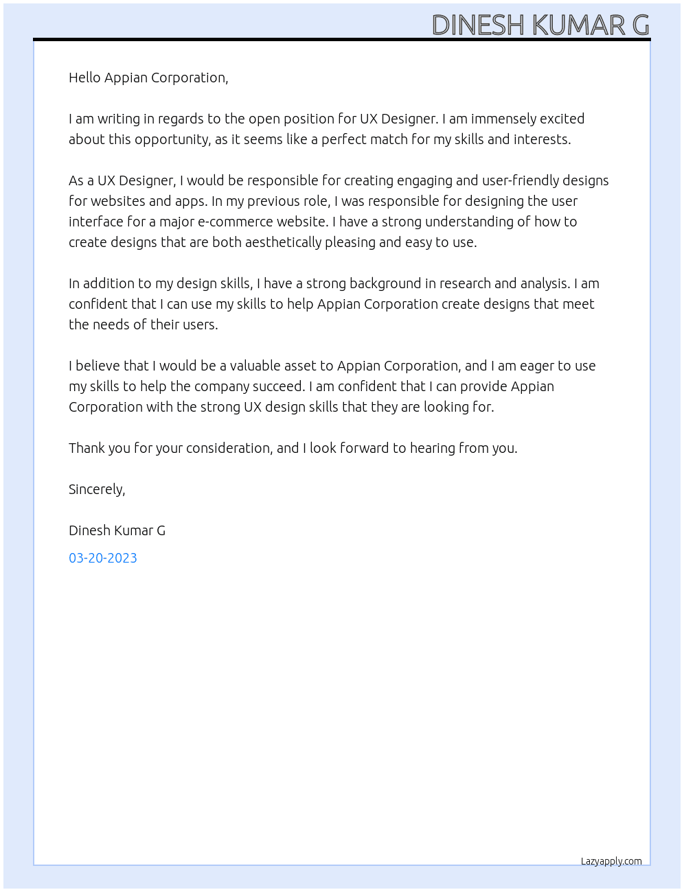 UX Designer At Appian Cover Letter