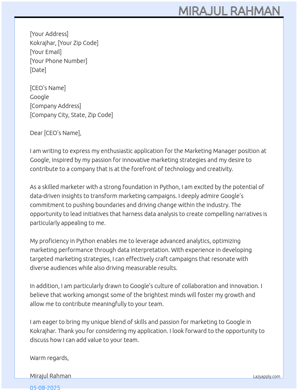 Marketing manager  At Google  Cover Letter