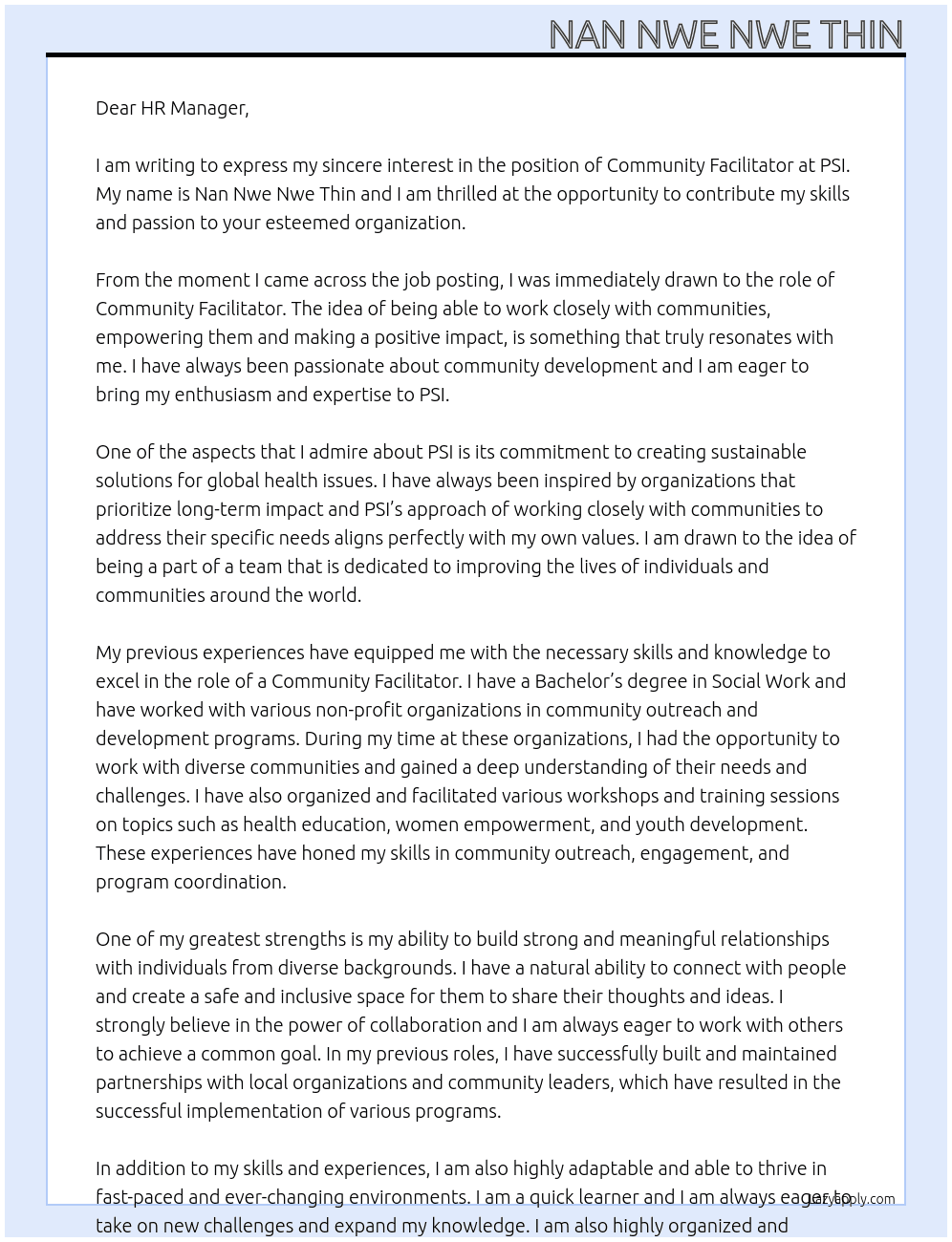 Community facilitator  At PSI Cover Letter