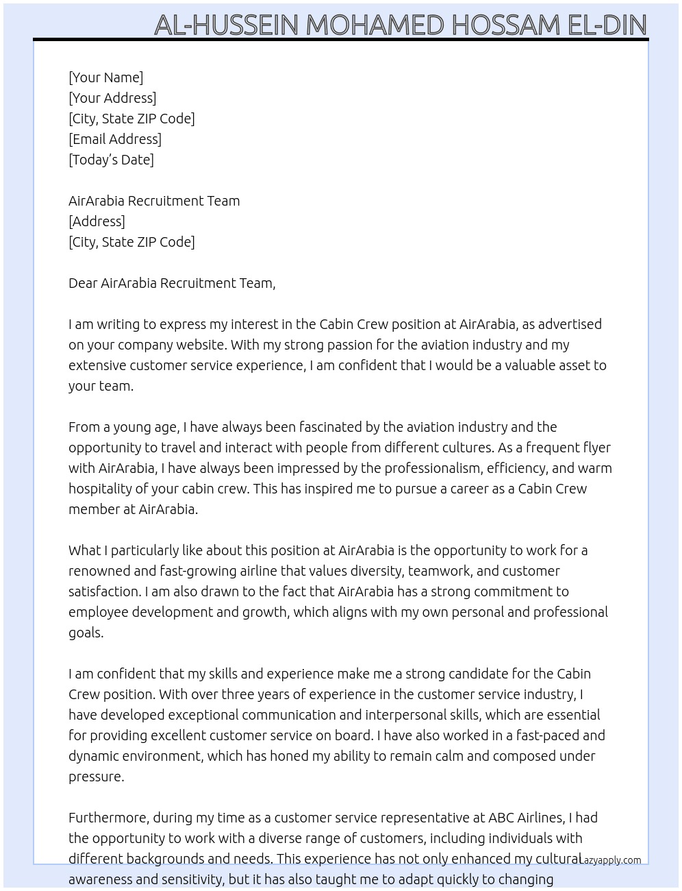Cabin Crew At AirArabia Cover Letter