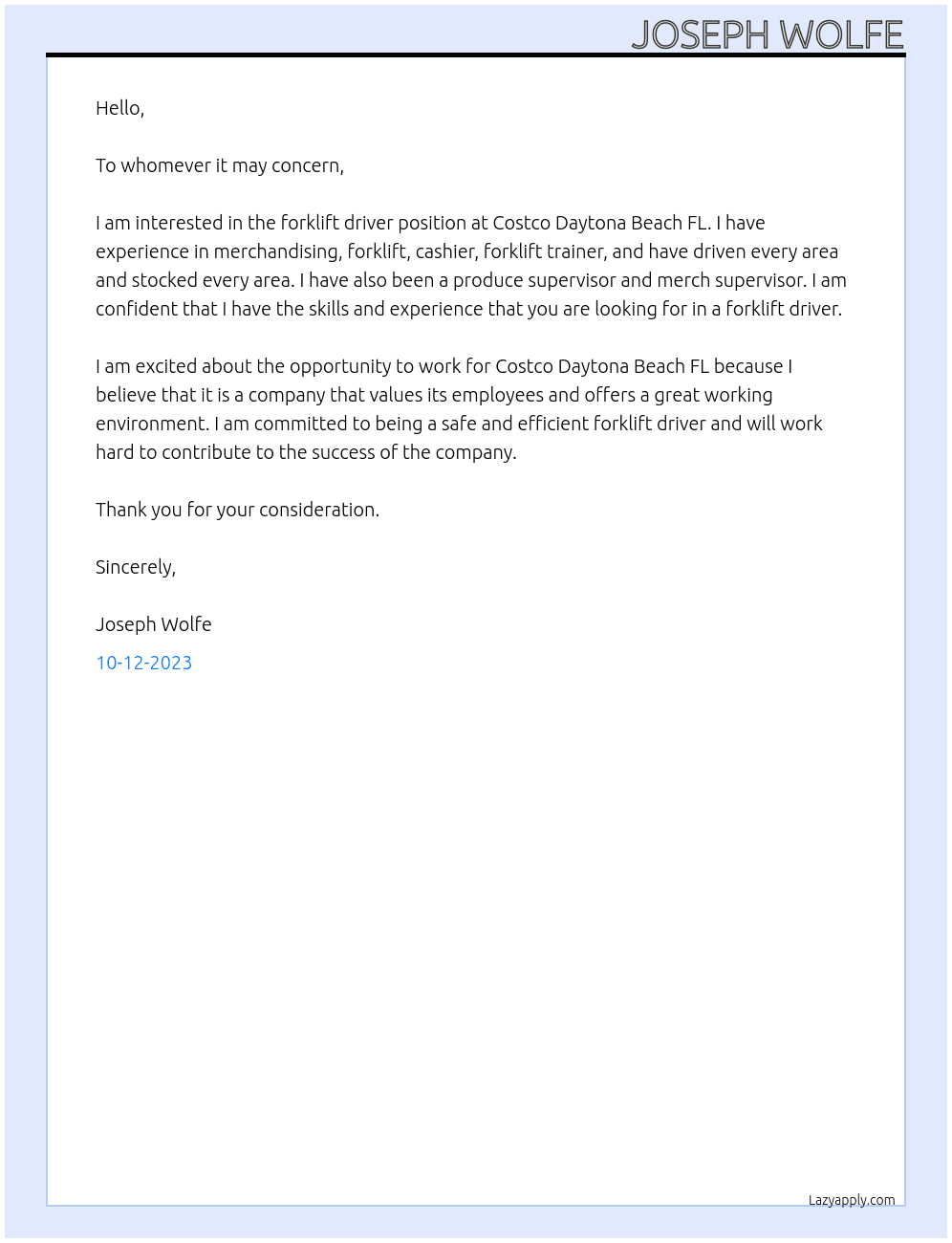 Forklift driver At Costco Daytona Beach FL Cover Letter